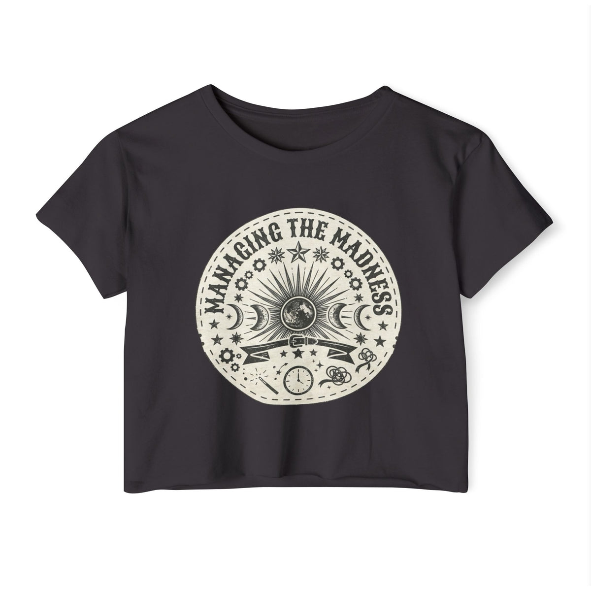 Managing the Madness Crop Top | Boho Sun Moon Graphic, Festival Tee
