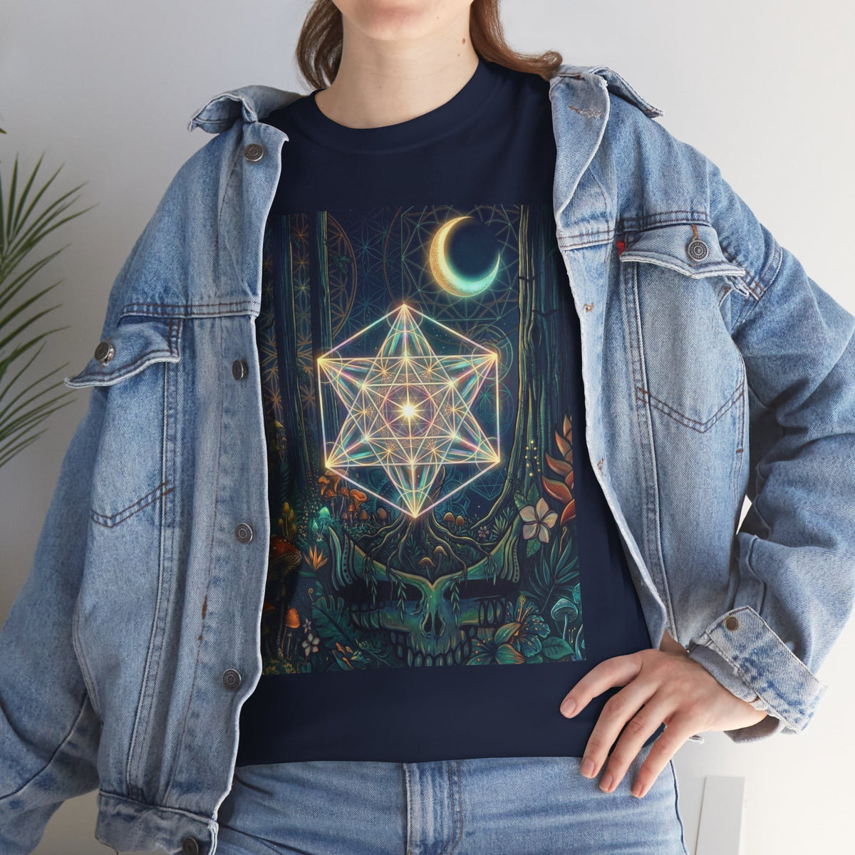 Sacred Geometry Star with Moon T-Shirt | Mystic Skull Forest Design, deadhead gift