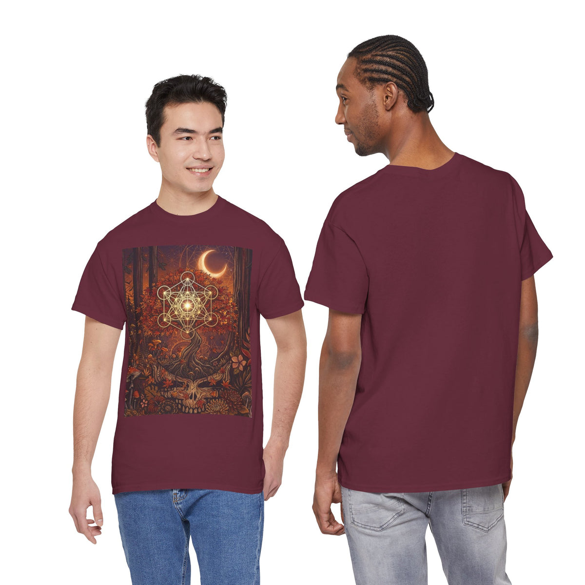 Metatron's Cube Crescent Moon T-Shirt | Mystic Forest Skull Design, Deadhead gift