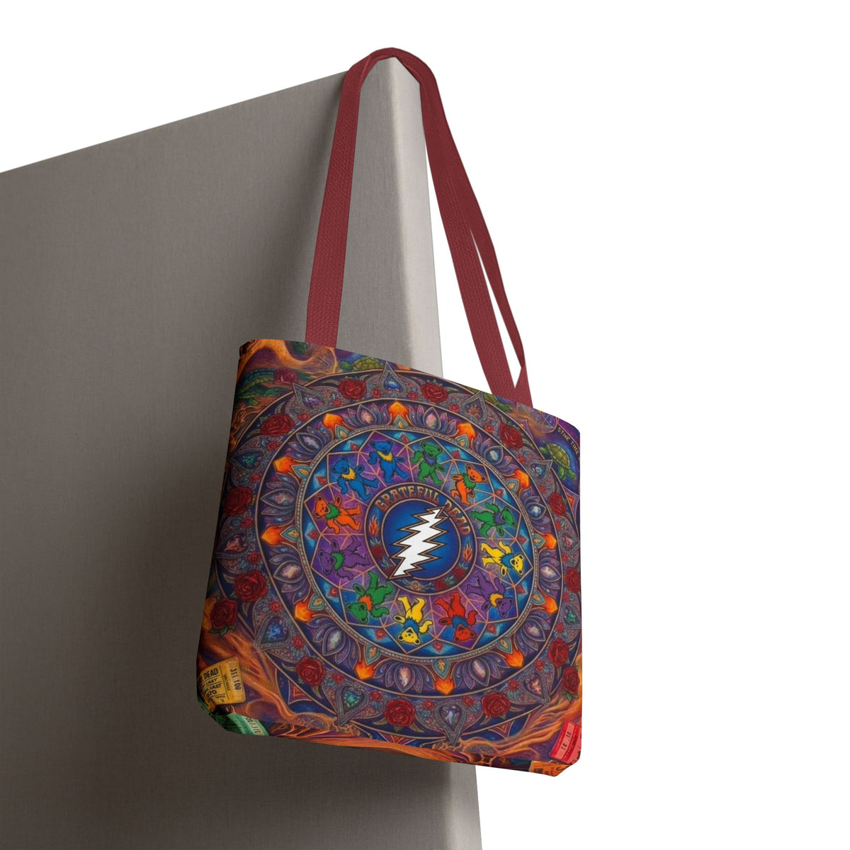 Psychedelic Mandala with Lightning Skull Tote Bag | Colorful Grateful Dead Art
