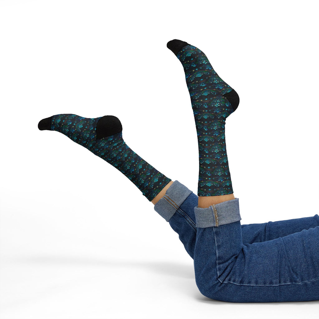Teal Mushroom Socks Pattern Socks | Sublimation Crew Socks, Boho, Sacred Geometry