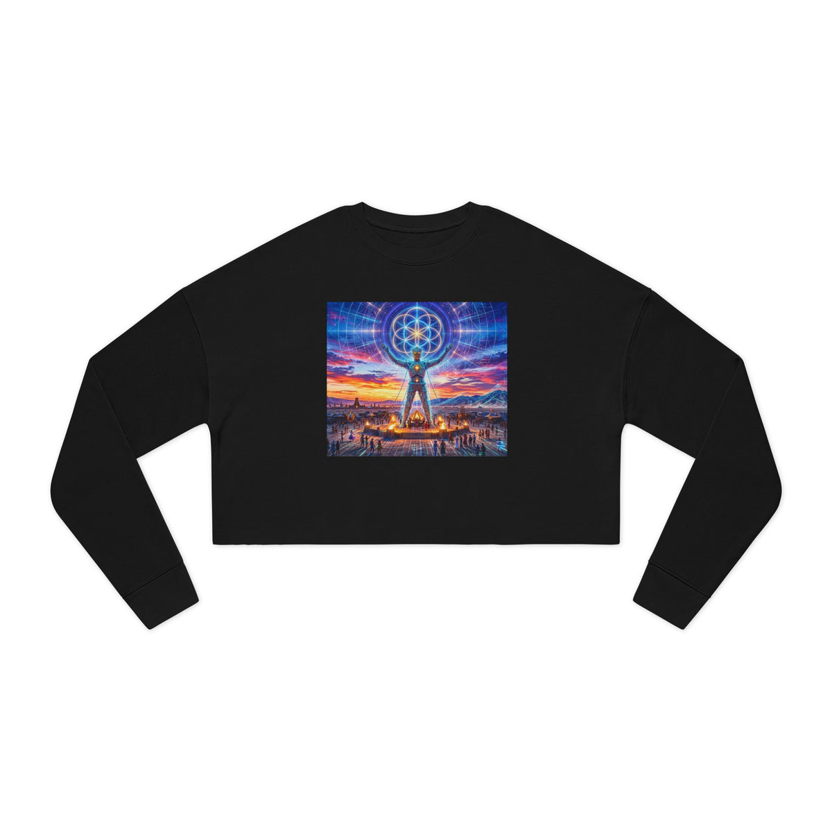 Cosmic Visionary Figure Cropped Sweatshirt | Sunrise Cityscape, Sacred Geometry, Black Rock City, Burning Man Quest