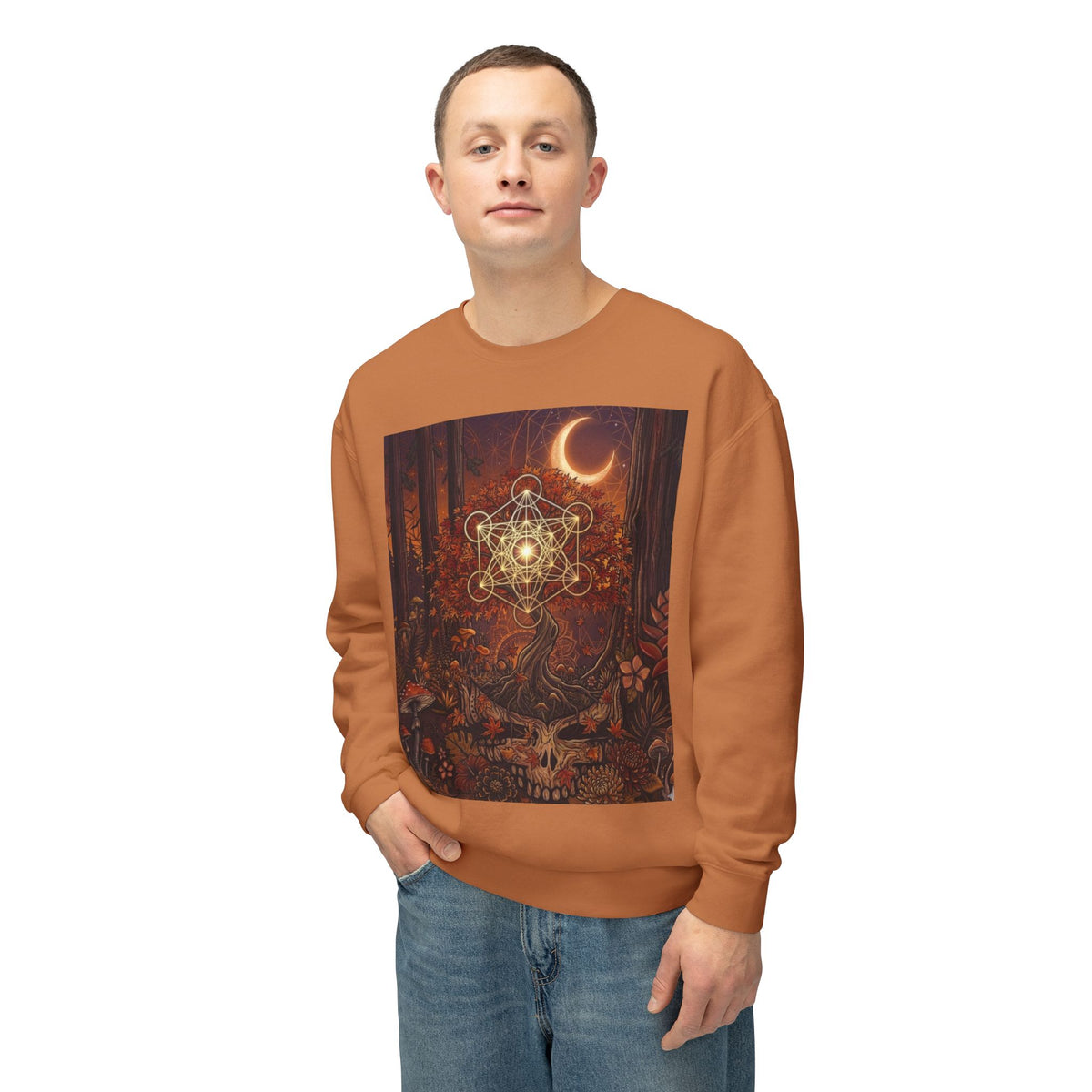 Forest Skull with Sacred Geometry Sweatshirt | Crescent Moon, Autumn Mushroom Scene, deadhead gift
