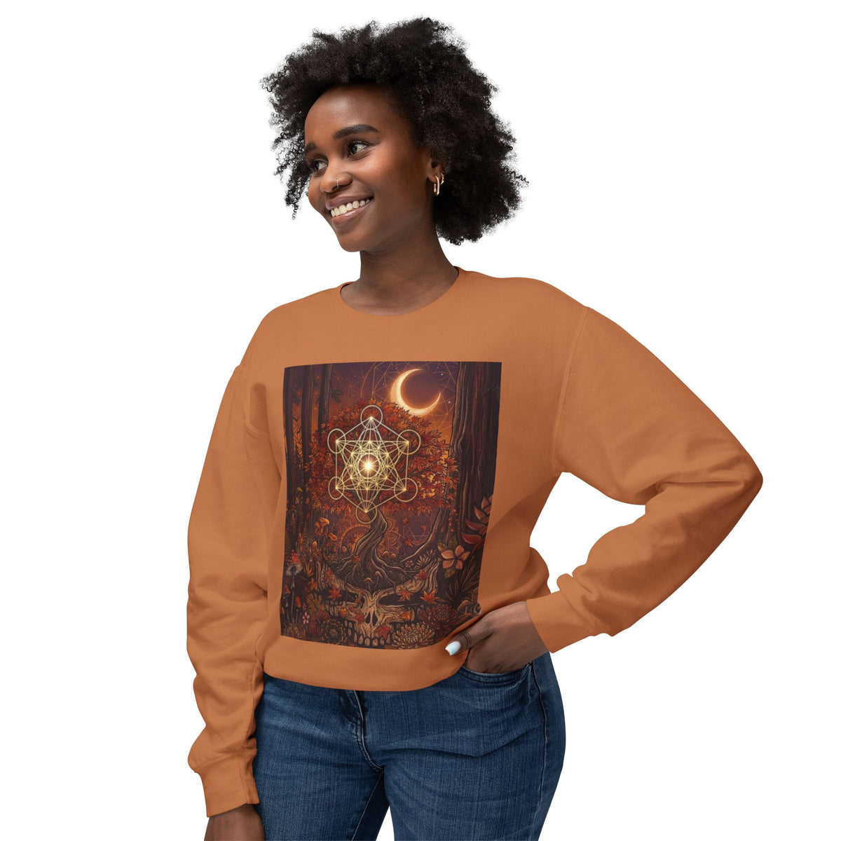 Forest Skull with Sacred Geometry Sweatshirt | Crescent Moon, Autumn Mushroom Scene, deadhead gift