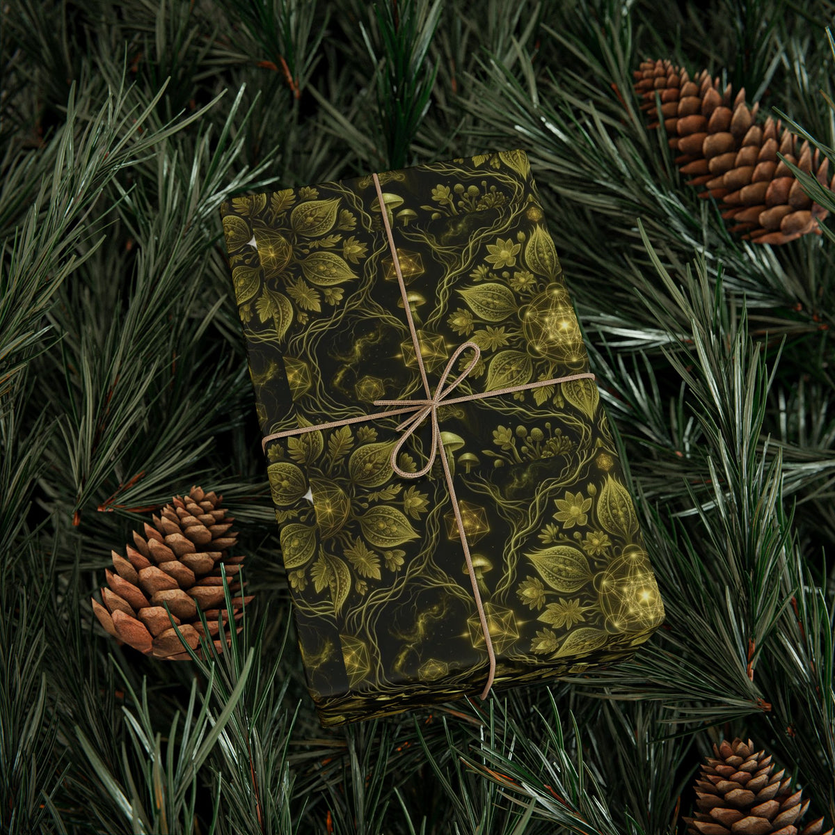 Gold Floral Pattern Wrapping Paper | Dark Green Botanical Gift Wrap, Hippie gift wrap, Deadhead gift wrap, sacred geometry