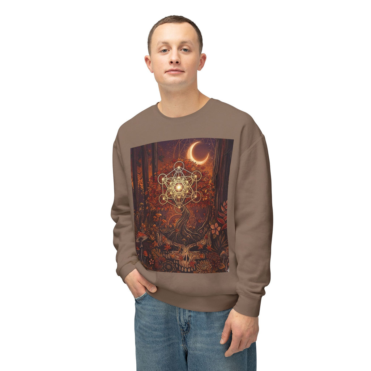 Forest Skull with Sacred Geometry Sweatshirt | Crescent Moon, Autumn Mushroom Scene, deadhead gift