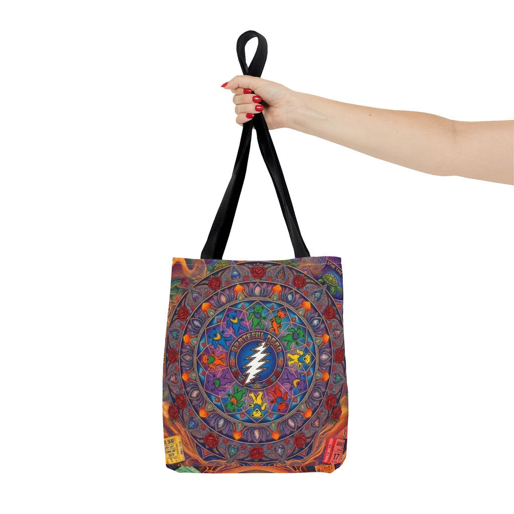 Psychedelic Mandala with Lightning Skull Tote Bag | Colorful Grateful Dead Art