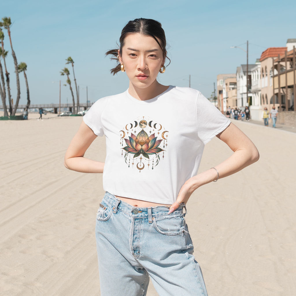 Lotus Moon Phases Cropped Tee | Floral Mandala Spiritual Boho, Yoga Crop top, Meditation tee, Burning Man , gift for her, Divine Goddess