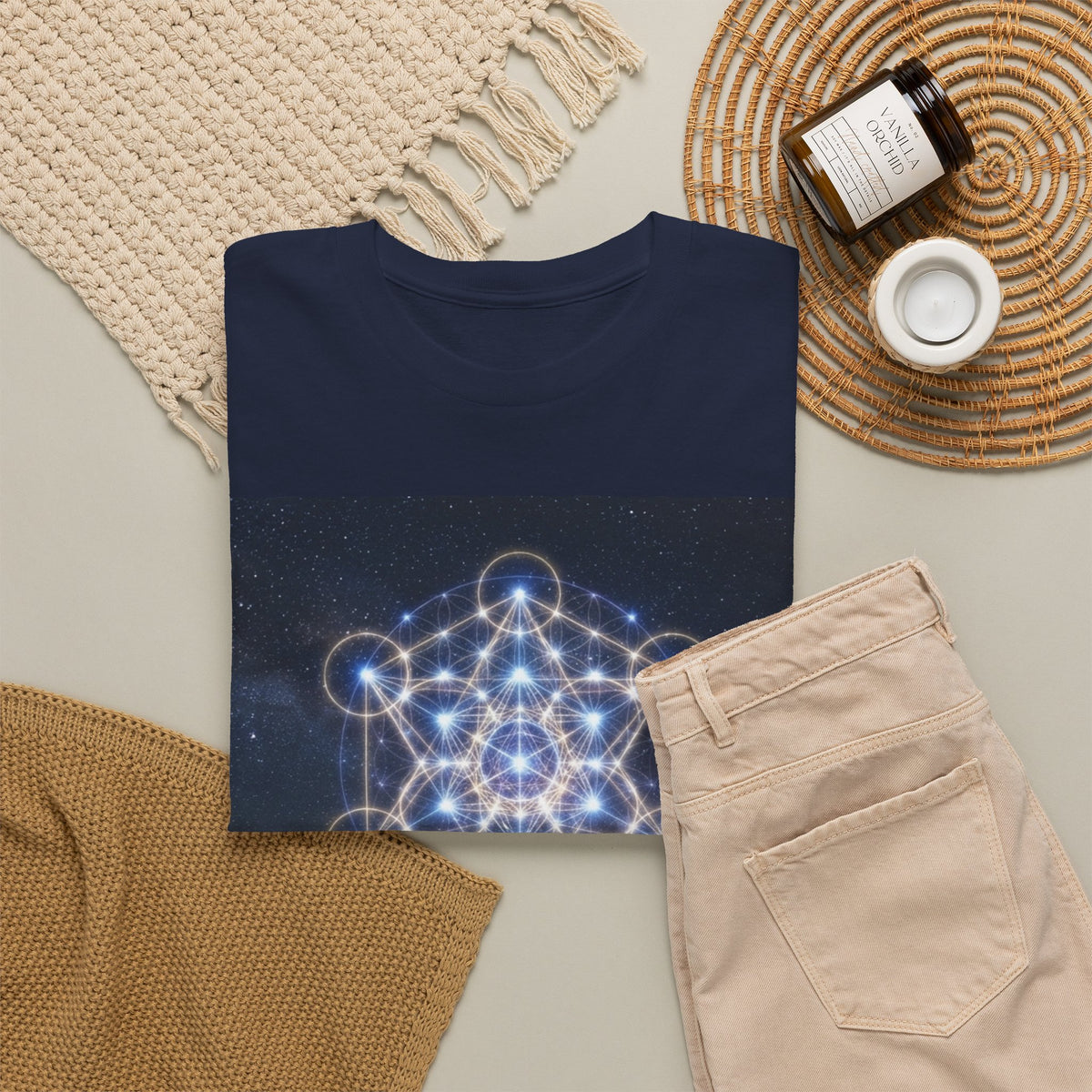 Sacred Geometry Star Pattern T-Shirt | Metatron Cube Night Sky