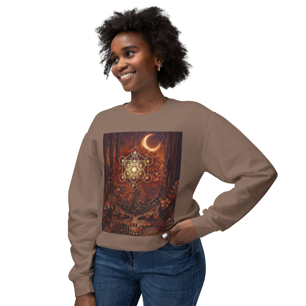 Forest Skull with Sacred Geometry Sweatshirt | Crescent Moon, Autumn Mushroom Scene, deadhead gift