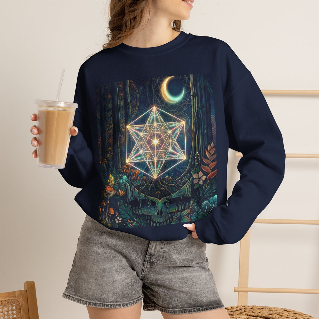 Sacred Geometry Star Mandala Crewneck Sweatshirt | Moon Forest Illustration, Deadhead gift