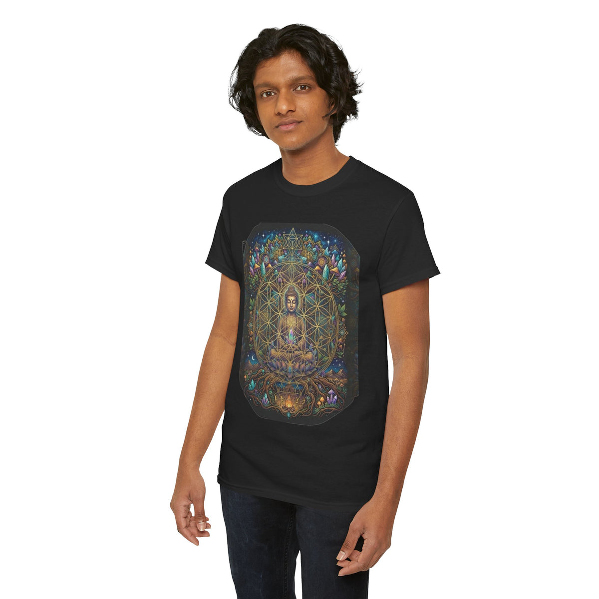 Meditating Buddha with Sacred Geometry Tee | Spiritual, Psychedelic Lotus Design