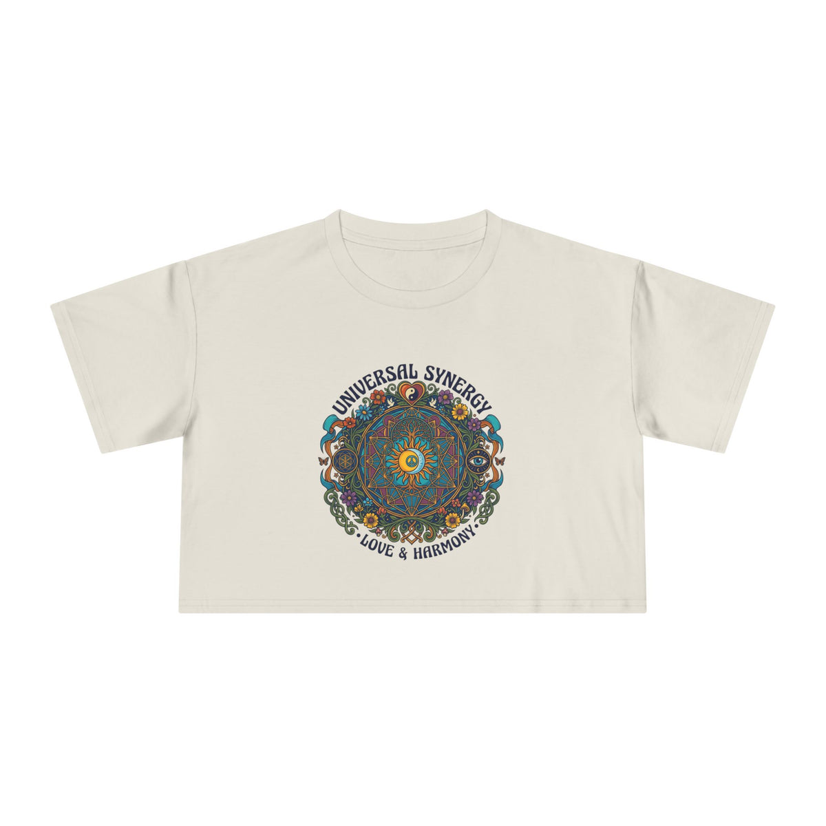 Universal Synergy Mandala Women's Crop Tee | Love & Harmony Boho Graphic