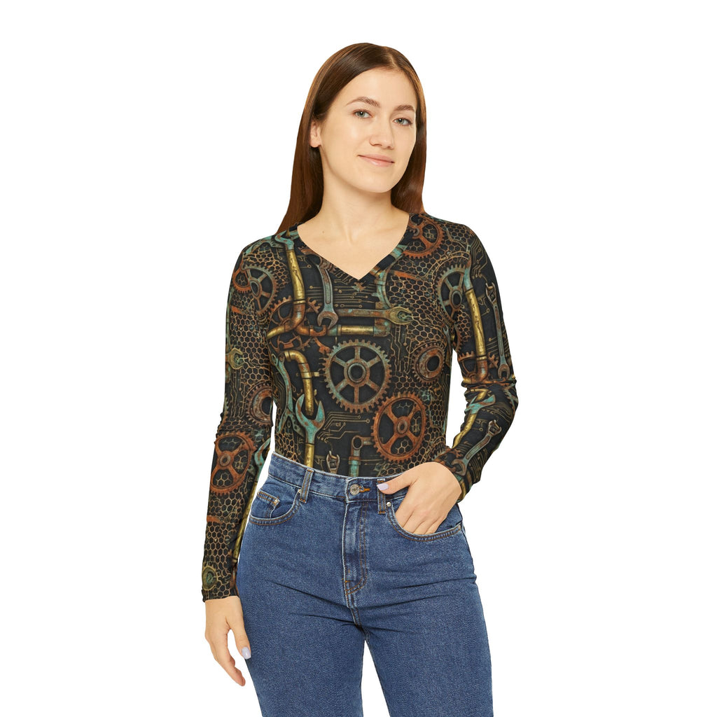 Steampunk Gears and Pipes Long Sleeve V-Neck Shirt | Industrial Mechanical Pattern