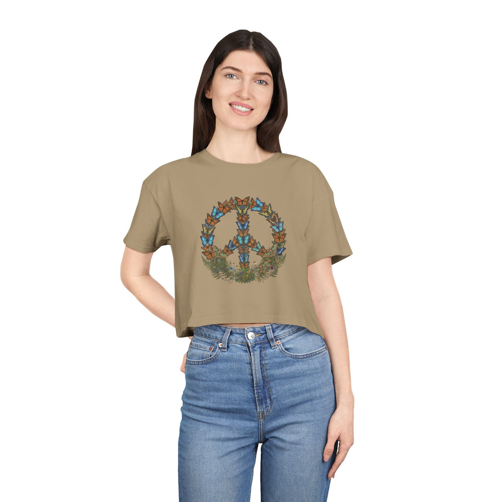 Floral Butterfly Peace Sign Crop Tee | Boho Nature Hippie Shirt