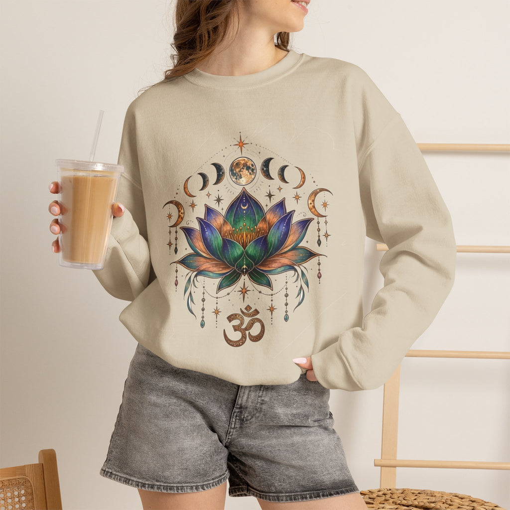 Lotus Moon Phase Om Symbol Sweatshirt | Spiritual Yoga Graphic