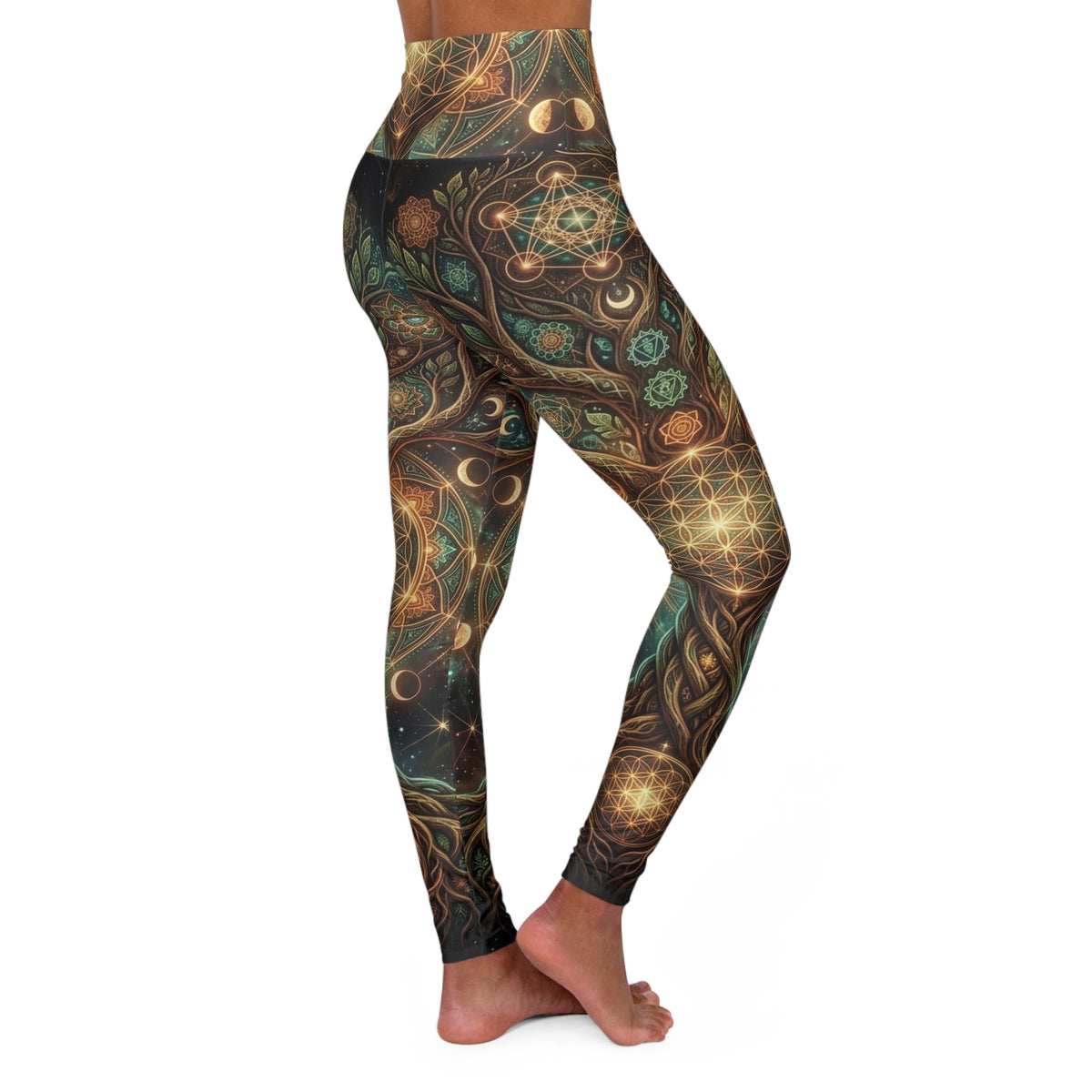 Sacred Geometry Leggings Celestial Mandala Pattern, Trippy Earthy Organic Line Work Boho Festival Apparel Pants