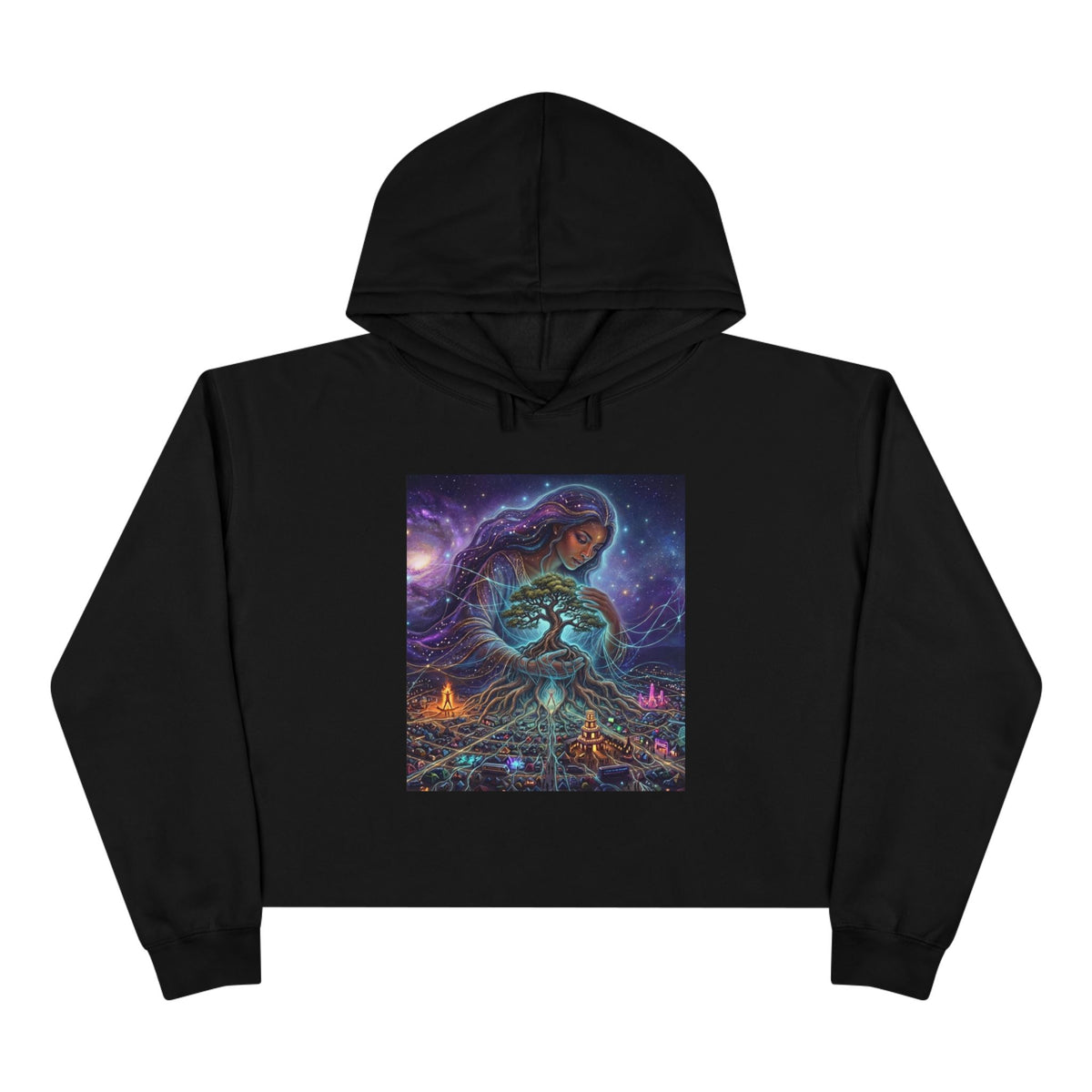 Celestial Mother Earth Embrace Crop Hoodie | Cosmic Nature Illustration, Burning Man Apparel, Divine Feminine, Deadhead gift