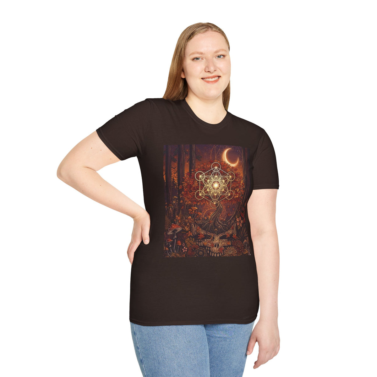 Sacred Geometry Forest Skull T-Shirt | Crescent Moon, Mystical Mushroom Art,Deadhead gift