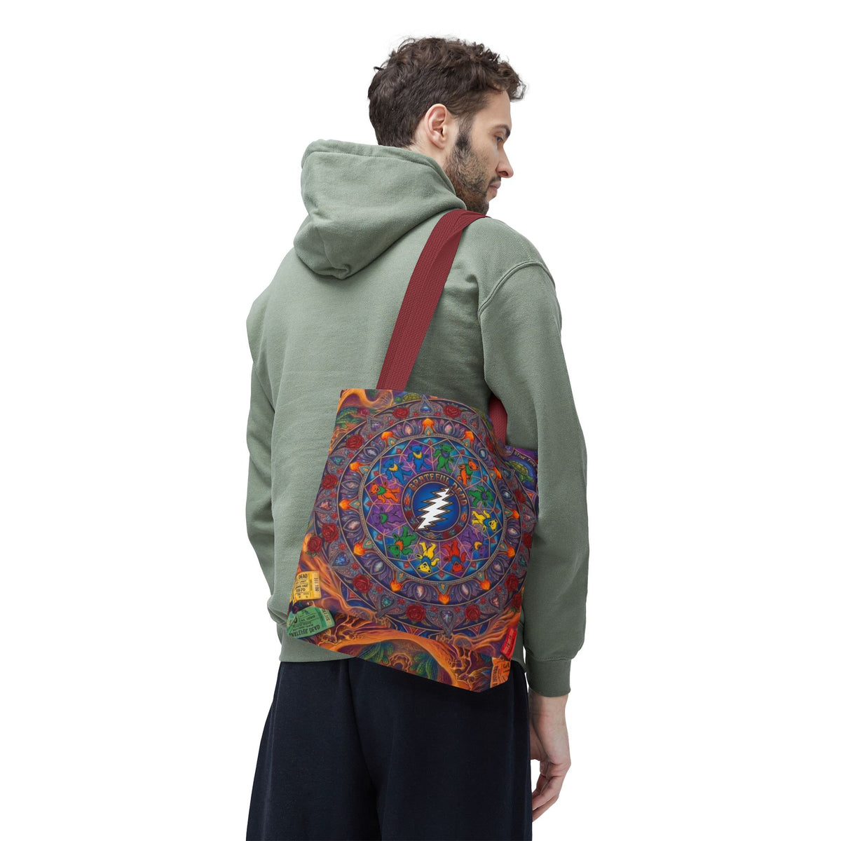 Psychedelic Mandala with Lightning Skull Tote Bag | Colorful Grateful Dead Art