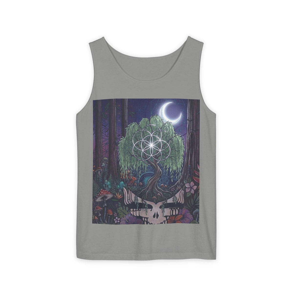 Mystical Moonlit Forest Tree Tank Top | Crescent Moon, Geometric Flower of Life