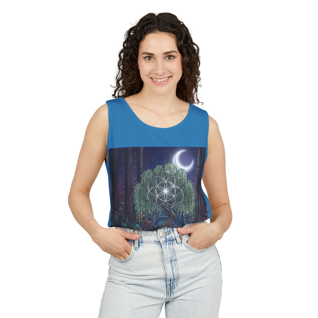 Mystical Moonlit Forest Tree Tank Top | Crescent Moon, Geometric Flower of Life