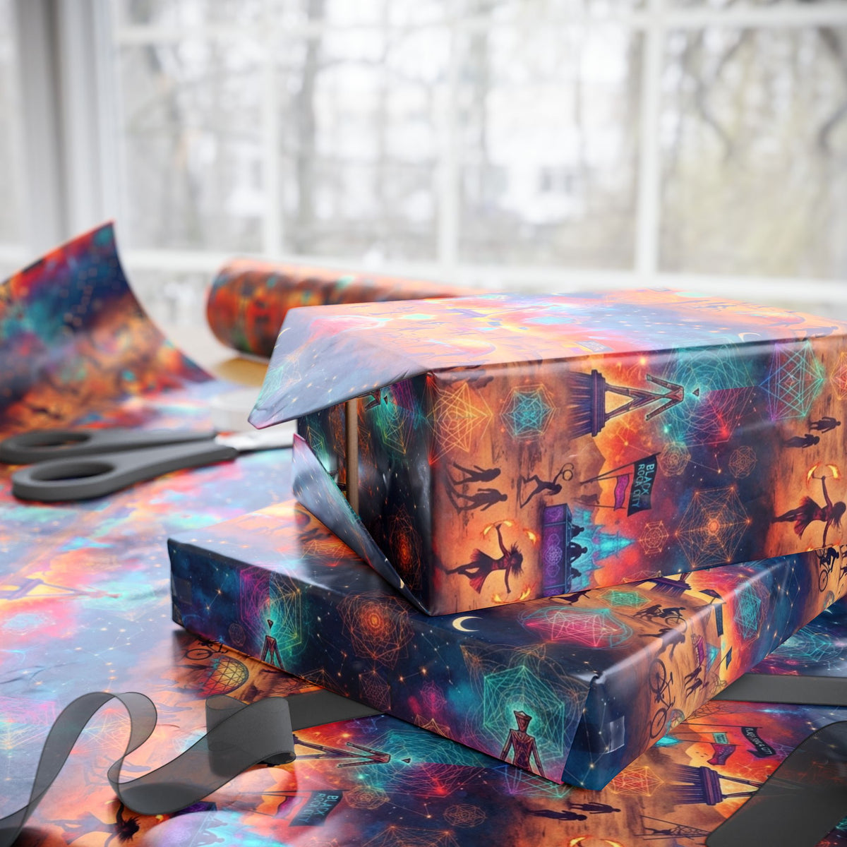 Mystical playa  Pattern Wrapping Paper | Celestial Feathers, Boho Gift Wrap