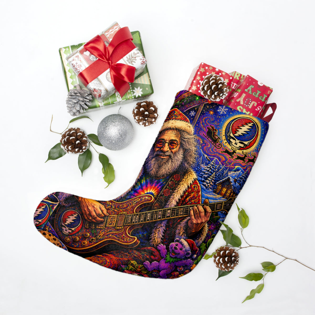 Grateful Dead Santa Playing Guitar Christmas Stocking | Psychedelic Holiday Stocking, Jerry Garcia, gift for deadhead,
