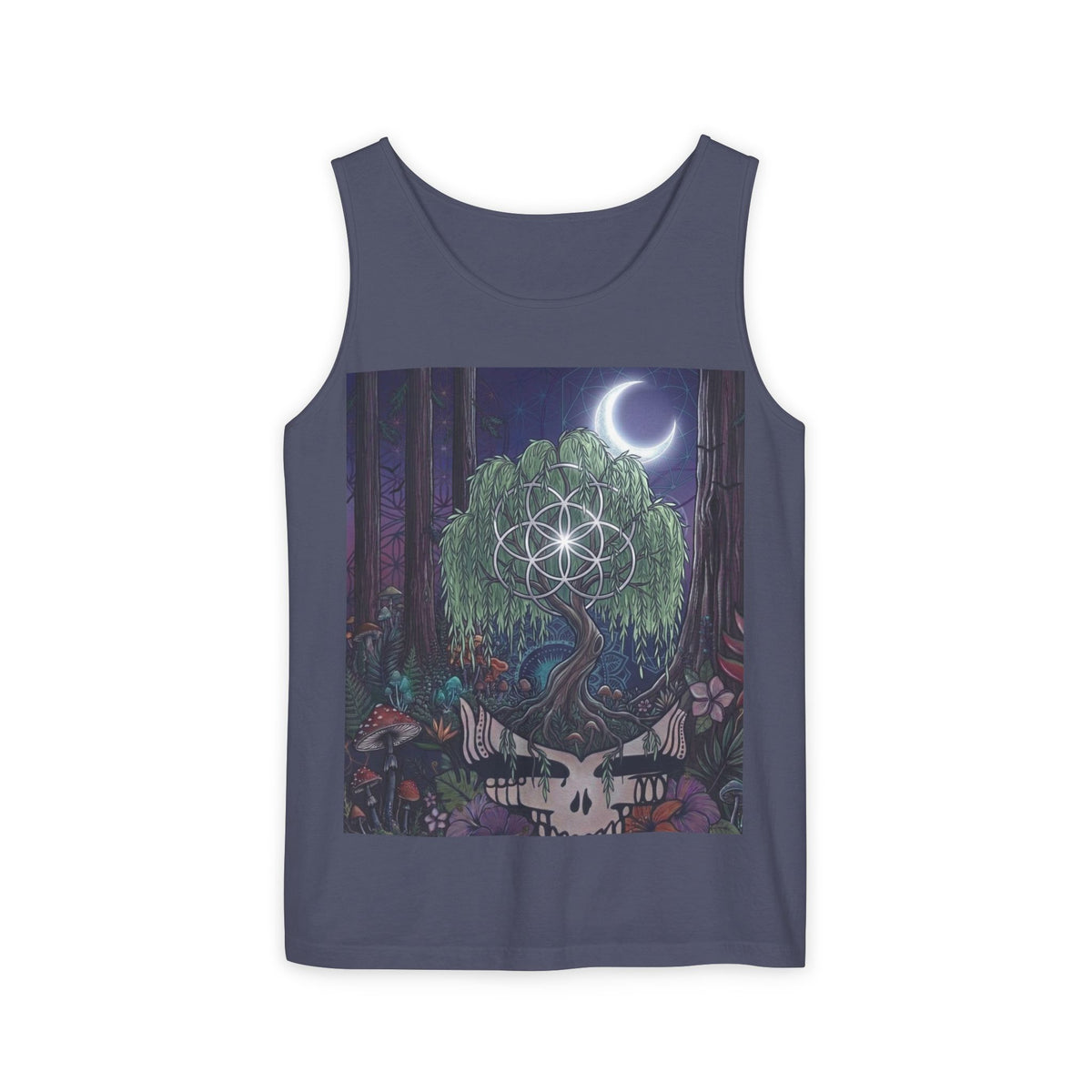 Mystical Moonlit Forest Tree Tank Top | Crescent Moon, Geometric Flower of Life