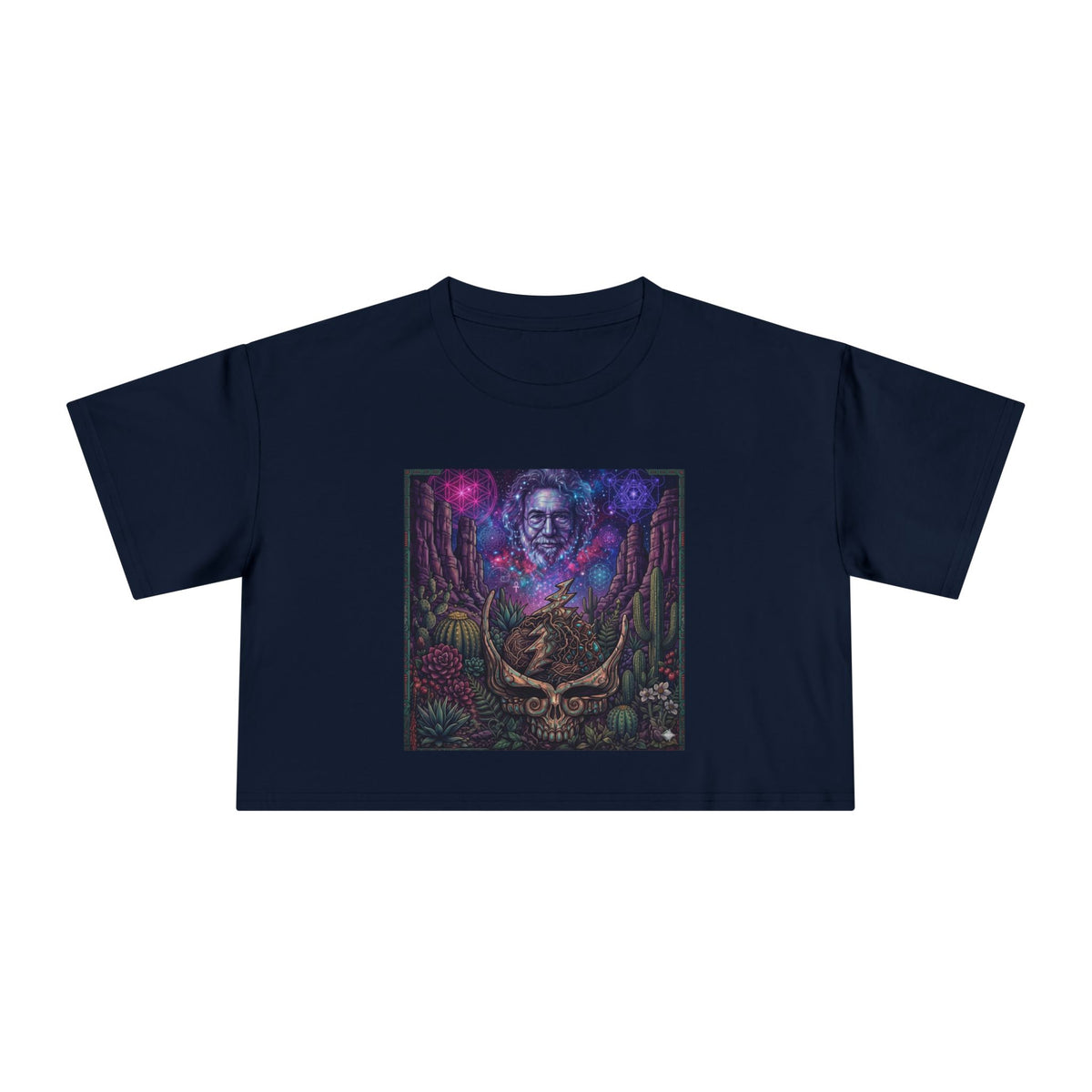 Psychedelic Skull Portrait Crop Tee | Cosmic Neon Forest