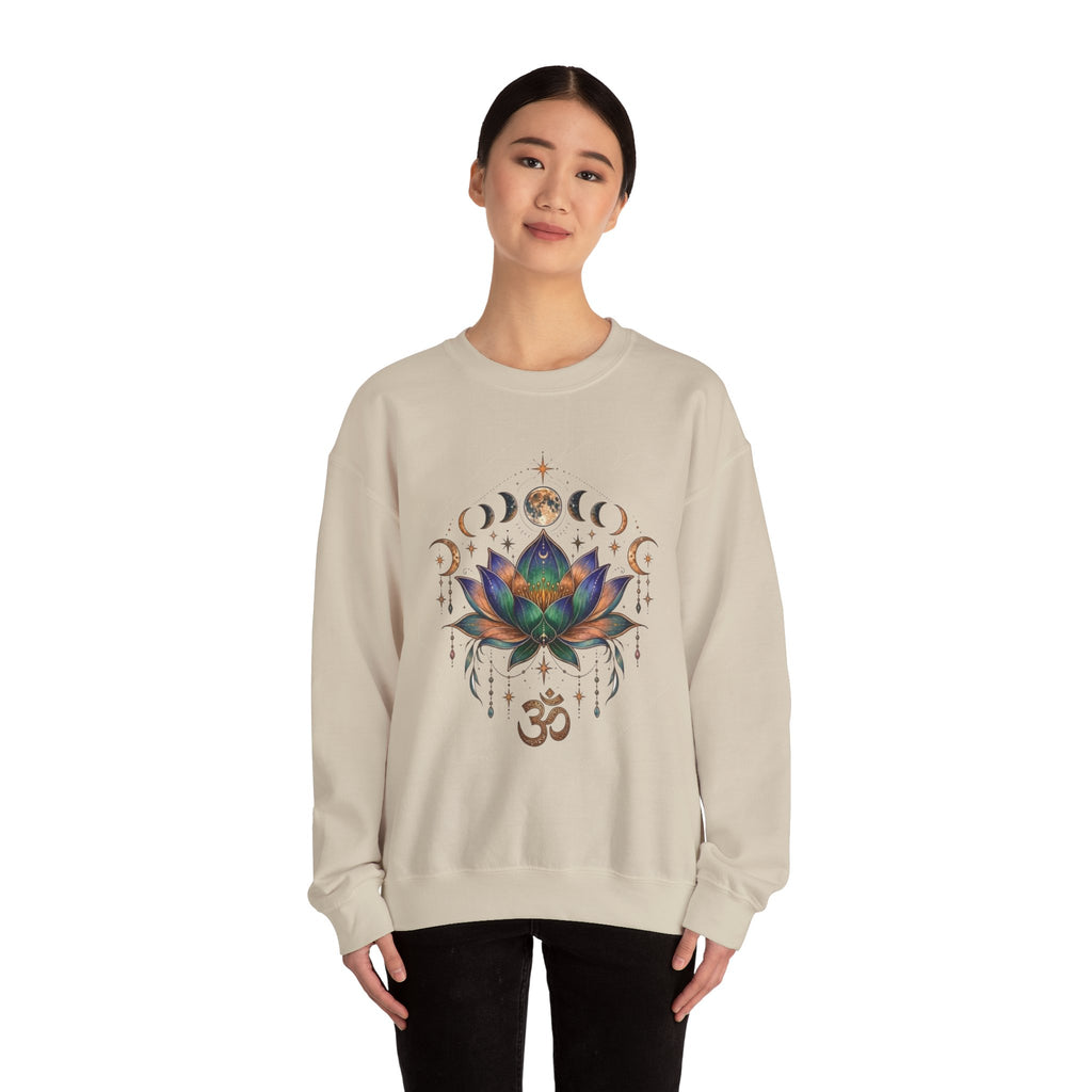 Lotus Moon Phase Om Symbol Sweatshirt | Spiritual Yoga Graphic