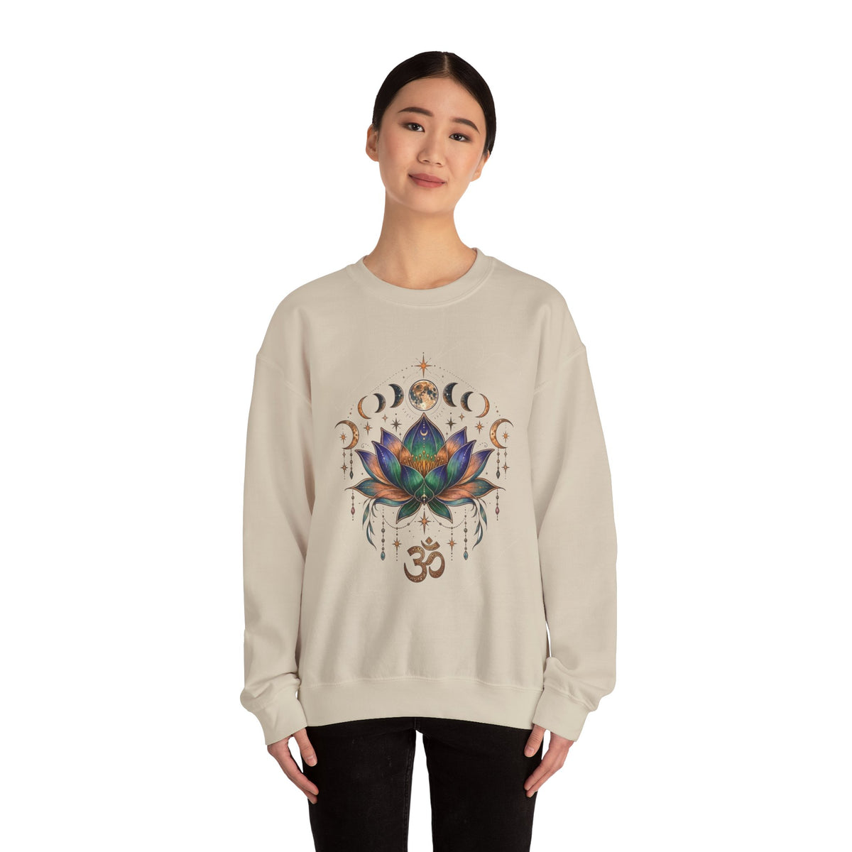 Lotus Moon Phase Om Symbol Sweatshirt | Spiritual Yoga Graphic