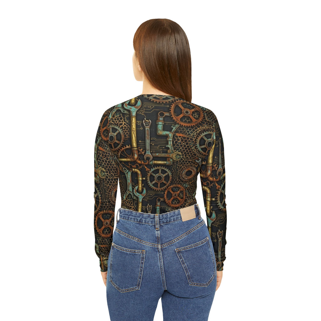 Steampunk Gears and Pipes Long Sleeve V-Neck Shirt | Industrial Mechanical Pattern