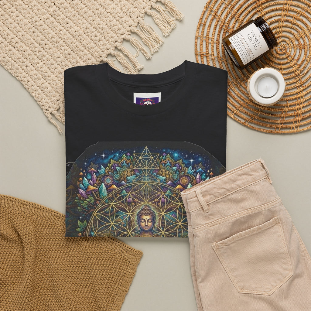 Meditating Buddha with Sacred Geometry Tee | Spiritual, Psychedelic Lotus Design