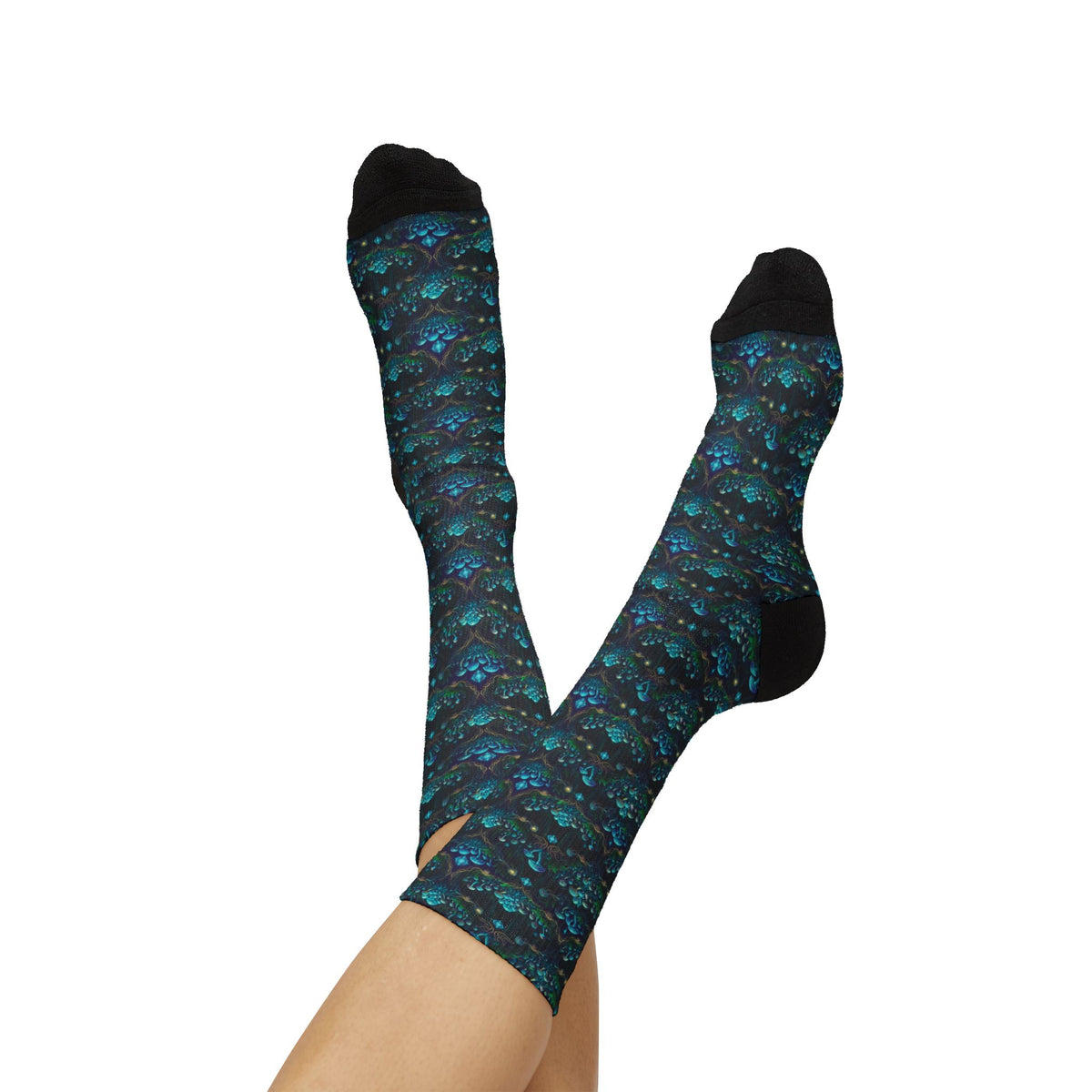 Teal Mushroom Socks Pattern Socks | Sublimation Crew Socks, Boho, Sacred Geometry