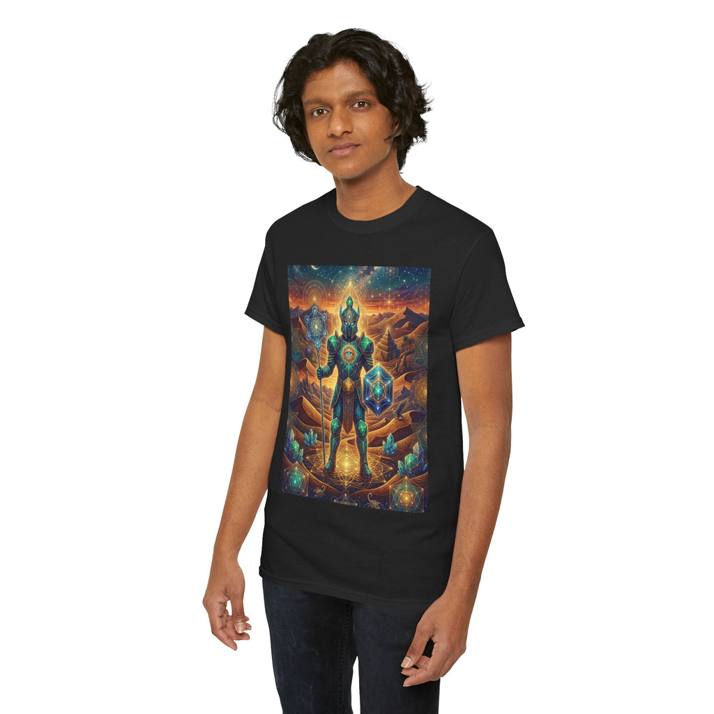 Cosmic Guardian Warrior T-Shirt | Mystic Geometric Armor, Starglow Artwork