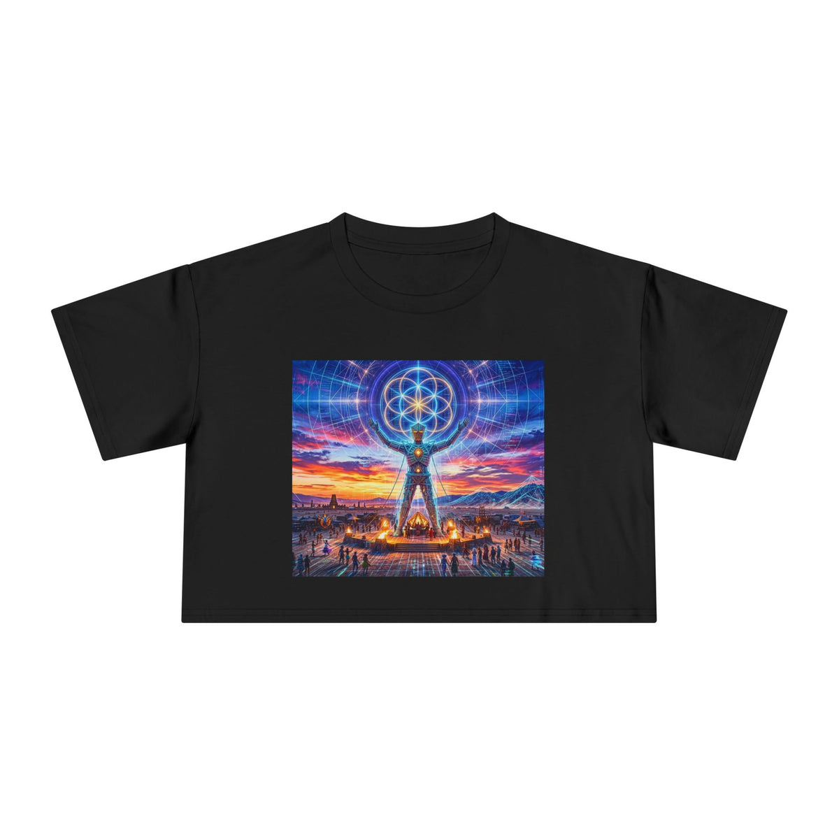 Sacred Geometry Figure Crop Tee | Spiritual Sunset Meditation