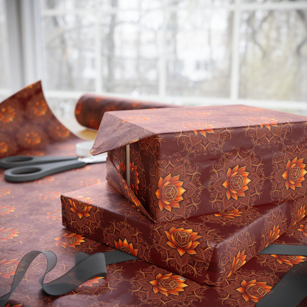 Autumn Floral Mandala Wrapping Papers | Burgundy Lotus Gift Wrap