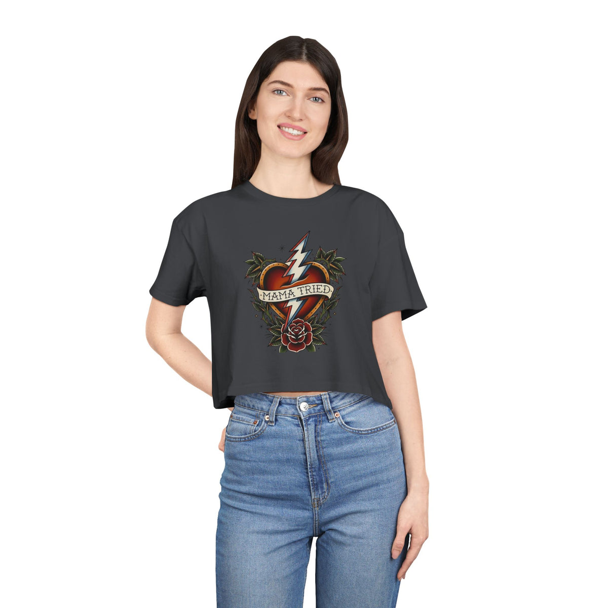 Mama Tried heart lightning tattoo crop tee | rose, palm leaves