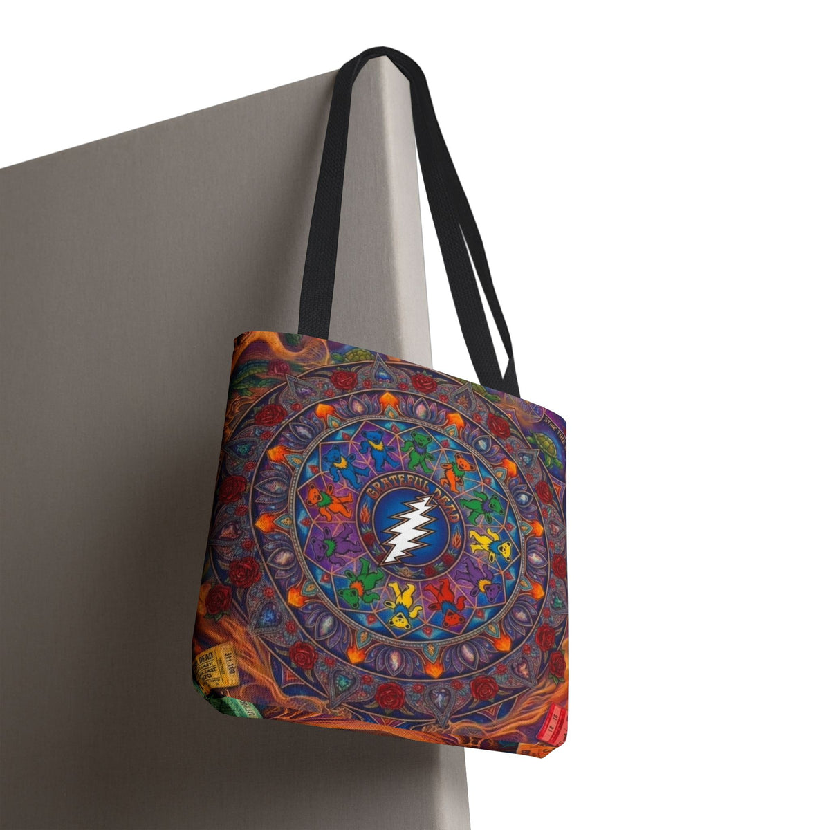 Psychedelic Mandala with Lightning Skull Tote Bag | Colorful Grateful Dead Art