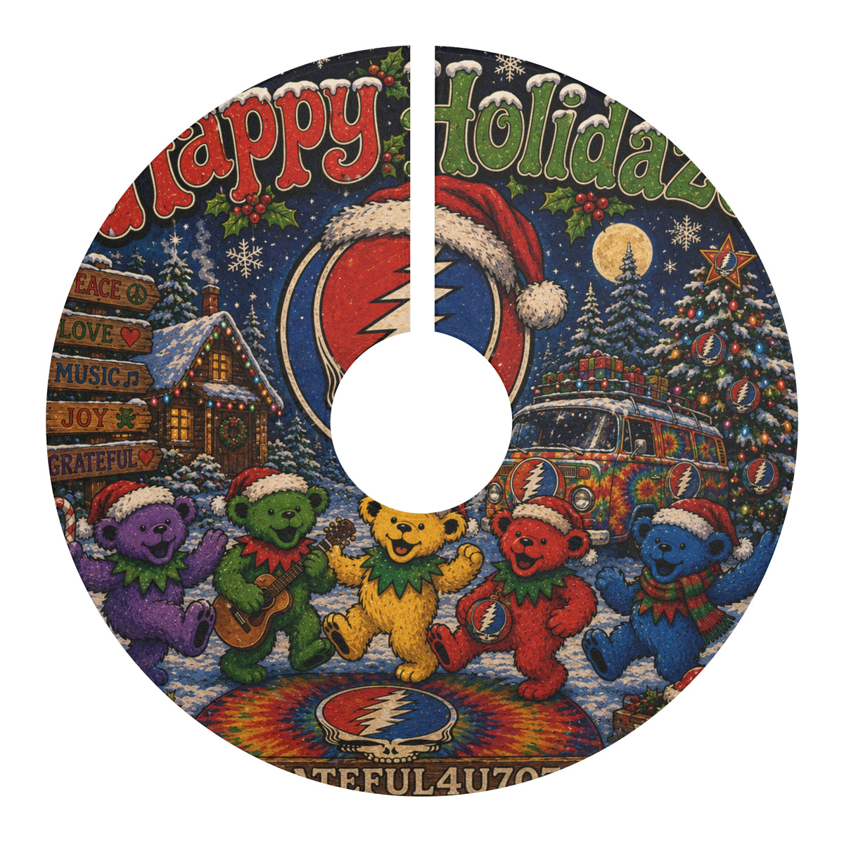 Dancing Bears Holiday Grateful Dead Christmas Tree Skirt | Psychedelic Vintage Van