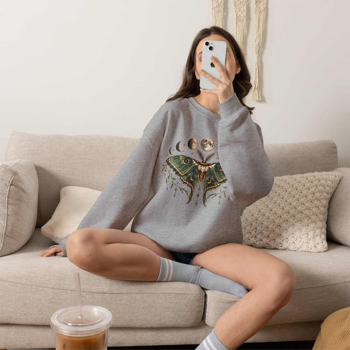 Luna Moth and Moon Phases Sweatshirt | Botanical Moth Illustration
