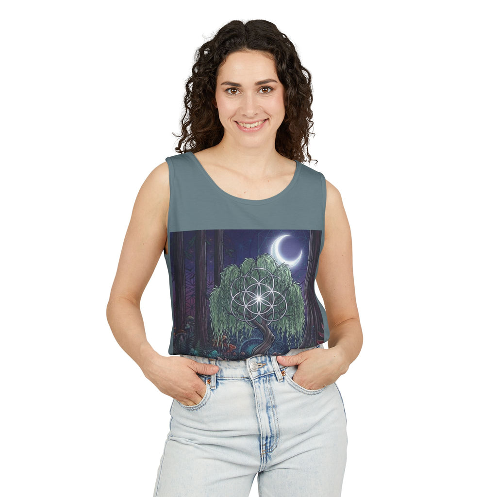 Mystical Moonlit Forest Tree Tank Top | Crescent Moon, Geometric Flower of Life
