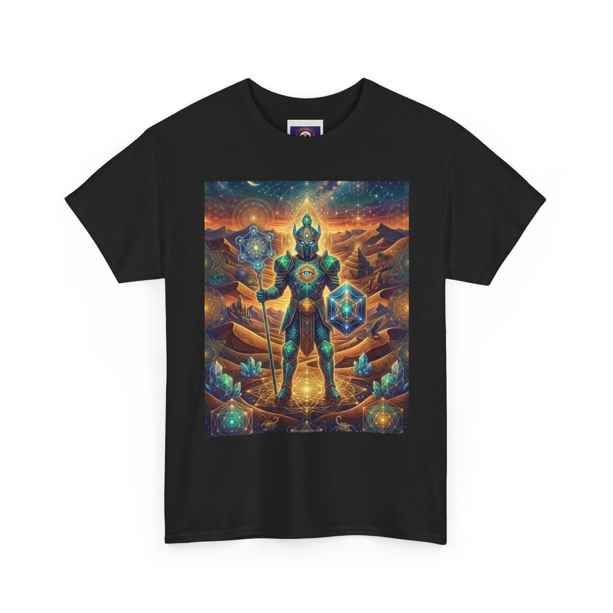 Cosmic Guardian Warrior T-Shirt | Mystic Geometric Armor, Starglow Artwork