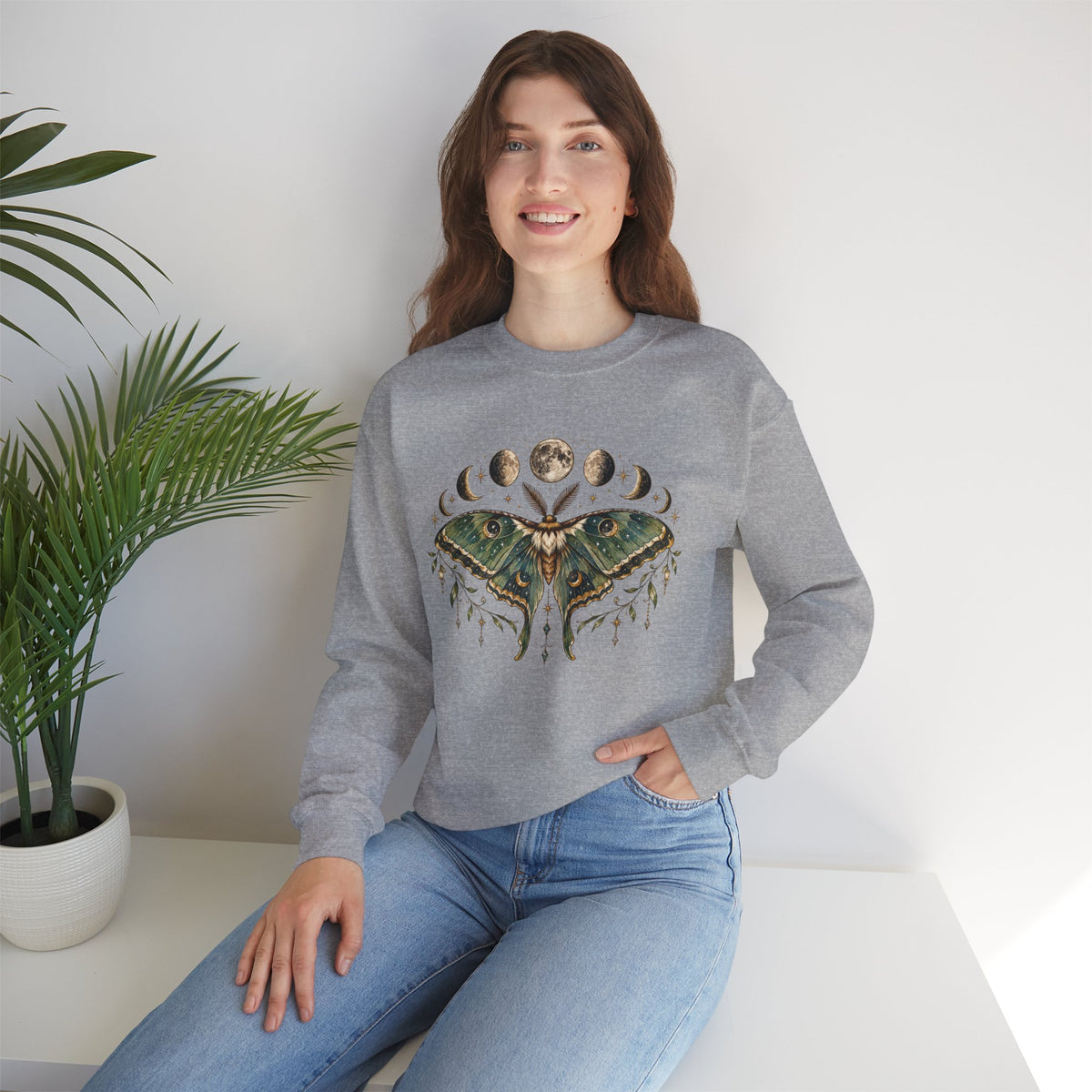 Luna Moth and Moon Phases Sweatshirt | Botanical Moth Illustration