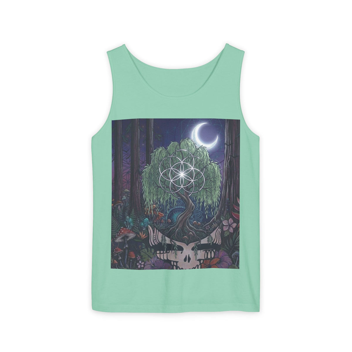 Mystical Moonlit Forest Tree Tank Top | Crescent Moon, Geometric Flower of Life