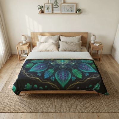 Teal Floral Mandala Cotton Duvet Cover | Botanical Geometric Bedding
