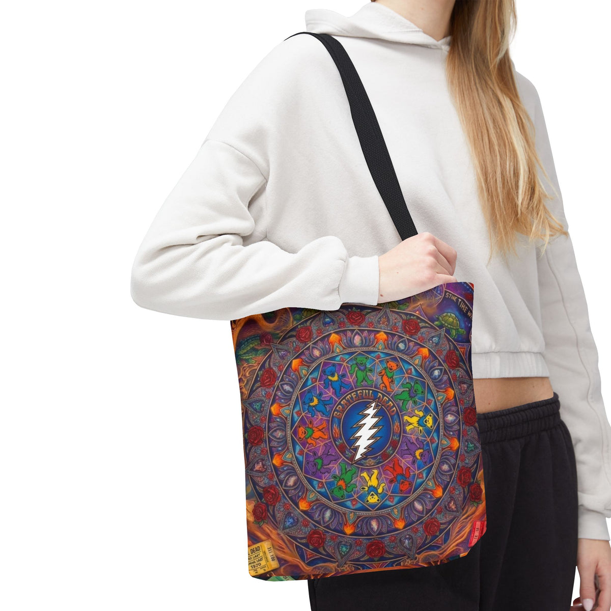 Psychedelic Mandala with Lightning Skull Tote Bag | Colorful Grateful Dead Art