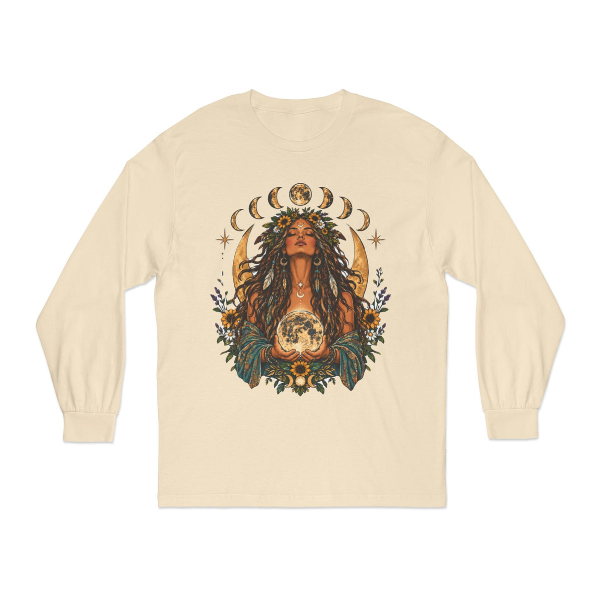 Goddess Moon Phases Mystic Illustration Long Sleeve Tee | Celestial Floral