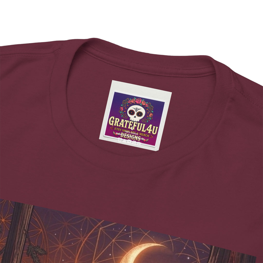 Metatron's Cube Crescent Moon T-Shirt | Mystic Forest Skull Design, Deadhead gift